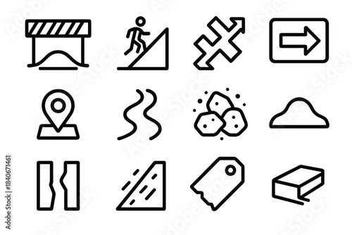 Obstacle Icons Collection. Obstacle Navigation Tools linear set: barrier mound, steep path icon, difficulty ridge bar, detour sign tile, block point marker, tight route strip,