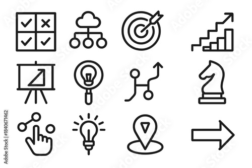 Strategic Persuasion Icons. Strategic Persuasion Icons linear set: decision matrix, influence map, targeted message arrow, logic steps, presentation board, insight lens, alignment