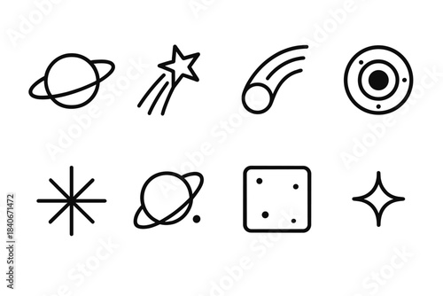 Celestial Icon Array. Astral Scene Forms linear set: planet ring, shooting star, comet trail, deep-space lens, stellar burst, orbit marker, dark-sky tile, cosmic spark.