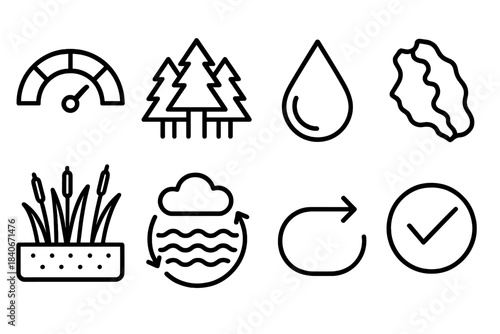 Environmental Icons Collection. Clean Air & Water Pack linear set: air quality gauge, forest canopy, freshwater droplet, watershed map, filtration reed bed, cloud cycle icon, flow