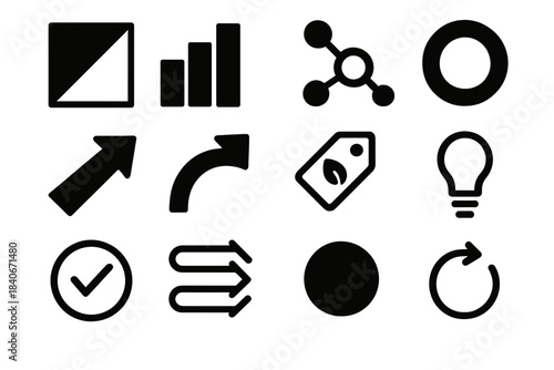 Sustainable Workflow Icons. Sustainable Workflows silhouette set: low-impact process tile, resource efficiency bar, waste-reduction node, circular loop ring, carbon-light pathway