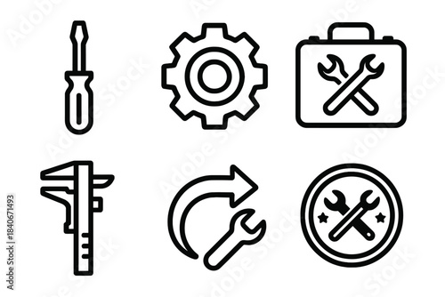 Outline Repair Tools Icons. Equipment Repair Tools linear set: screwdriver head, spare part, tool kit, alignment gauge, fix-it arrow, maintenance badge.