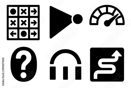 Dynamic Decision Icons. Choice Strain Dynamics silhouette set: overloaded choice panel, narrowed-focus cone, difficulty meter, hesitation mark, strain arc, pressured-path icon.