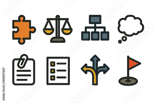 Critical Reasoning Icons. Critical Reasoning Tools set of icons in flat pixel vector style: logic puzzle piece, comparison scales, branching diagram, thought bubble, evidence clip,