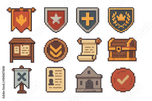 Guild Icon Set. Guild Structure Elements set of icons in flat pixel vector style: guild banner, member badge, role emblem, leadership crest, quest board, rank token, communication