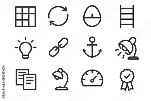 Productivity Icon Set. Sustained Engagement Tools linear set: time-block grid, task rotation arrows, break timer, progress ladder, engagement cue light, consistency chain, routine