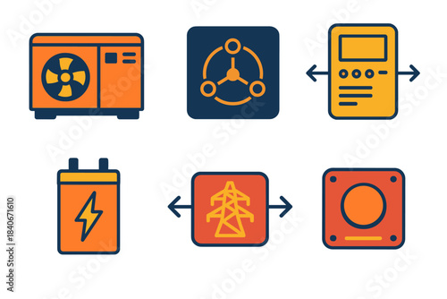 Modern Energy Network Icons. Resilient Energy Network flat set: backup generator module, distribution node, microgrid controller, power capacitor, grid tie connector, emergency