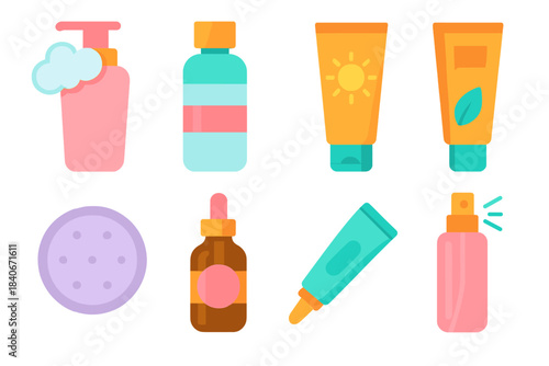 Minimal Skincare Essentials. Basic Skin Routine Items flat set: foaming cleanser, clarifying toner, gel moisturizer, mineral sunscreen, exfoliating pad, brightening serum,