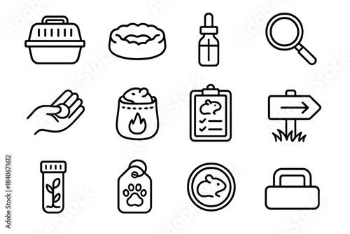 Creature Care Icons. Small Creature Recovery Set linear set: tiny transport box, soft bedding, feeding dropper, magnifier lens, gentle grip icon, safe warmth pouch, health check