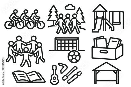 Community Activity Icons. Collective Recreation Pack linear set: bike group, nature walk, playground symbol, open sports field, shared hobby kit, dance circle, book exchange,