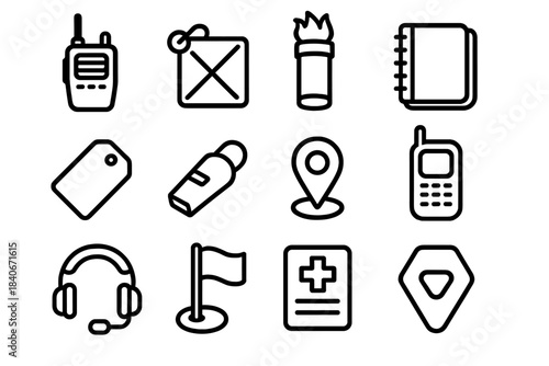 Field Communication Gear. Field Communication Gear linear set: portable radio, signal mirror, flare canister, field notebook, message tag, rescue whistle, map marker, satellite