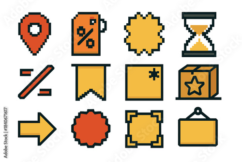 Promotional Icon Collection. Promotional Shop Icons set of icons in flat pixel vector style: sale marker, percent-off tag, new item sticker, time-limited icon, price reduction