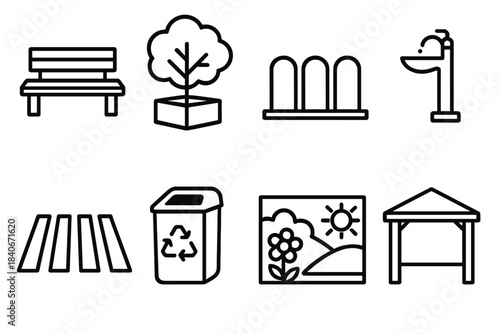 Urban Icons Collection. Urban Wellbeing Spaces linear set: public bench, street tree planter, bike rack, drinking fountain, pedestrian crosswalk, recycling bin, community mural,
