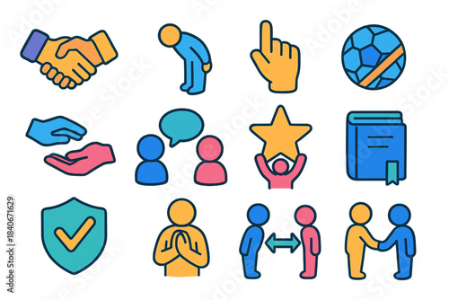 Sportsmanship Icon Set. Sportsmanship Principles isometric flat set: handshake icon, respectful nod, fair call gesture, clean play symbol, mutual support hands, calm discussion