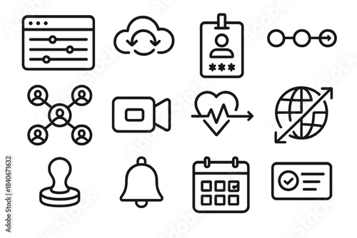 Telework Icon Set. Telework Systems Pack linear set: online control panel, cloud sync hub, remote access badge, workflow pipeline, team collaboration nodes, camera-on icon, system