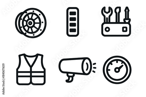 E-Bike Essentials Icons. Urban E-Bike Gear linear set: motor hub, battery indicator, compact repair kit, reflective vest, front light, energy dial.