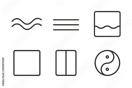 Calm Symmetry Icons. Calming Visual Structures linear set: flowing contour, layered horizon bar, subtle ripple edge, open frame, muted gradient block, calm symmetry mark.