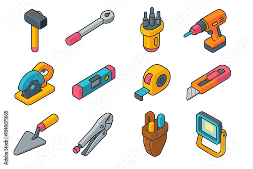 Modern Hand Tools Icons. Construction Hand Tools isometric flat set: sledgehammer, torque wrench, multi-bit screwdriver, impact drill, chop saw, digital level, retractable tape,