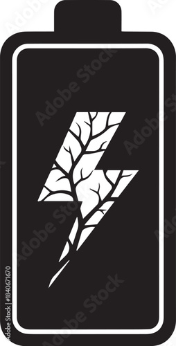 Black battery icon with stylized white lightning bolt and branching lines inside power energy