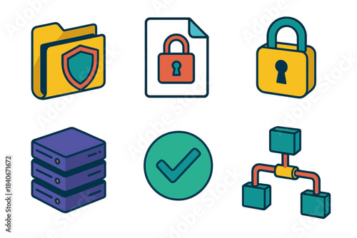 Secure Data Icons. Protected Information Workflow isometric flat set: shielded folder, encrypted file, lock symbol, secure server stack, verification check, data pipeline.