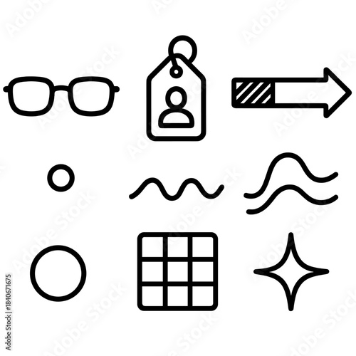 Abstract Symbolic Icons. Individual Meaning-Making Set linear set: subjective lens frame, personal cue tag, emotional shading bar, interpretive pathway arrow, symbolic emphasis dot