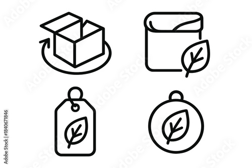 Eco Packaging Icons. Circular Packaging Frameworks linear set: upcycled-box coil, compostable-liner tile, eco-friendly label bead.