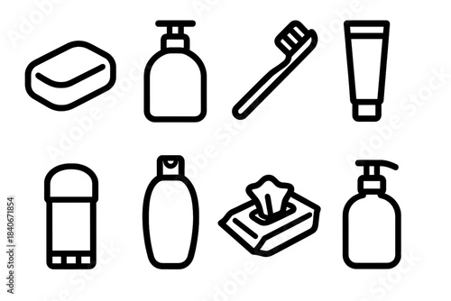 Hygiene Icons Collection. Hygiene Products linear set: bar soap, liquid hand wash, toothbrush, toothpaste tube, deodorant stick, shampoo bottle, disposable wipes pack, hand