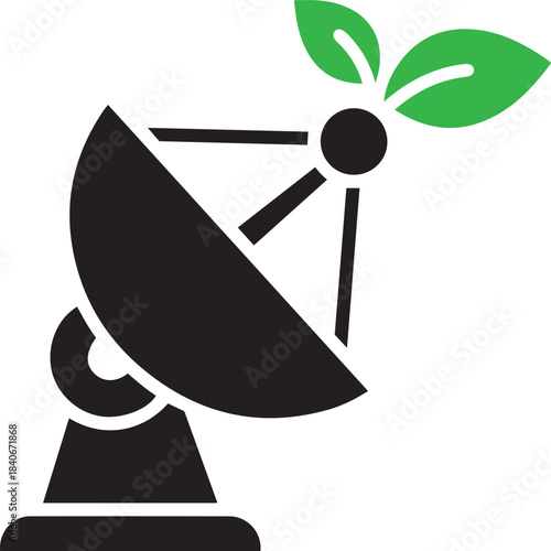 Black satellite dish with green leaves growing from the receiver communication technology