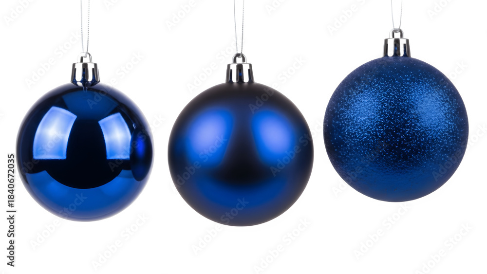 Obraz premium Three blue oval christmas ornaments isolated on transparent background.