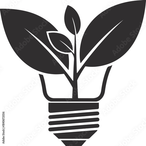 Dark gray plant growing from light bulb silhouette on white background growth idea