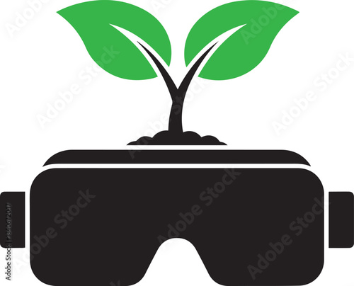 Black virtual reality headset with green plant growing from soil on top VR headset technology