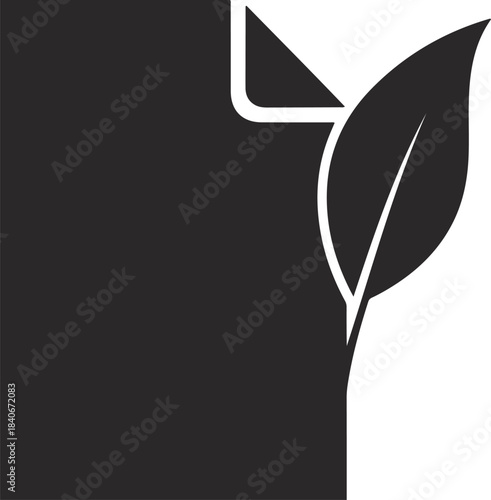 Dark grey shape with white outline and a single green leaf silhouette nature plant