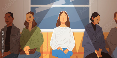 Happy optimistic girl in subway car. Positive passenger among gloomy faces. Flat vector illustration