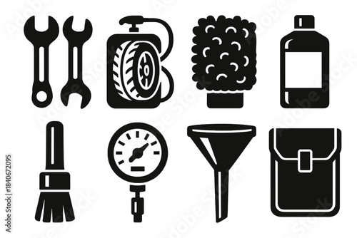Bold Vehicle Care Icons. Vehicle care essentials silhouette set: wrench set, tire inflator, wash mitt, polish bottle, detailing brush, pressure gauge, funnel tool, storage pouch.