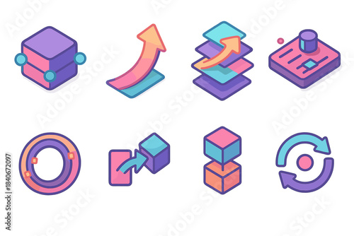 Isometric Adaptation Icons. Learning Adaptation Circuit Set flat isometric set: responsive module node, incremental update arrow, dynamic mapping tile, tuning knob bar,