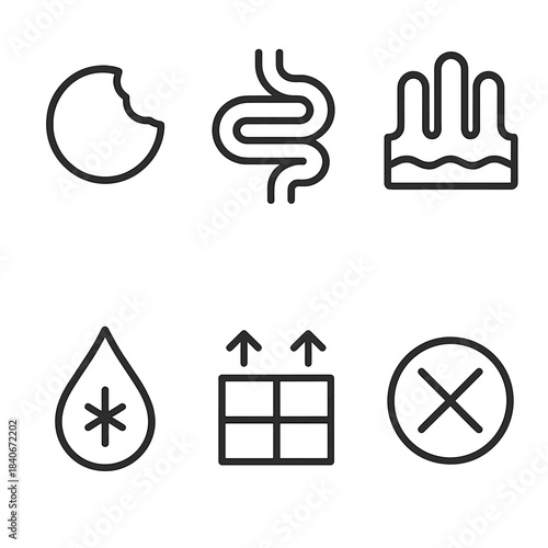 Digestive Process Icons. GI Function Sequence linear set: bite icon, transport tube, digestive fold, enzyme droplet, nutrient uptake grid, waste formation symbol.