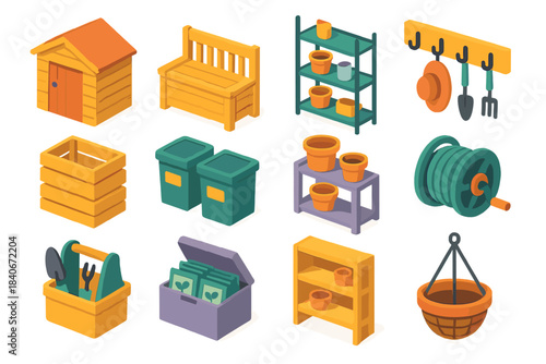 Garden Storage Icons. Garden Storage & Organization isometric flat set: tool shed, storage bench, garden rack, wall hooks, crate stack, labeled bins, pot organizer, hose reel, tool