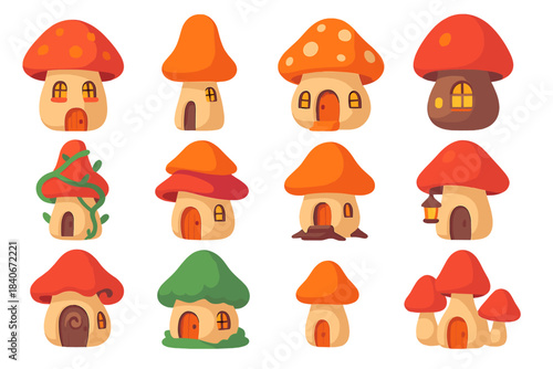 Mushroom House Icons. Mystic Mushroom Houses isometric flat set: round-cap cottage, tall-stem dwelling, spotted dome hut, glowing window pod, vine-wrapped toadstool home,