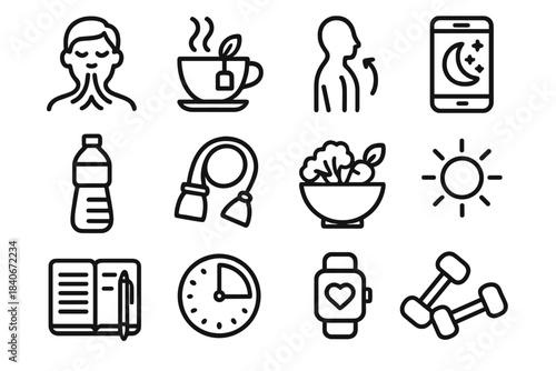 Everyday Wellness Icons. Everyday Wellness Icons linear set: mindful breathing, herbal tea cup, posture reminder, sleep tracker, hydration tracker, home workout band, veggie bowl,