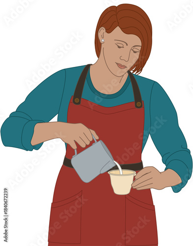 people food, female barista pouring milk into a coffee cup of espresso and isolated on a white background