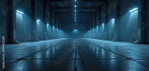 Fototapeta Naklejka Na Ścianę i Meble -  Vast industrial warehouse interior with concrete floor, columns. Blue overhead spotlights illuminate long empty tunnel corridor, creating atmospheric moody lighting. Futuristic building architecture.