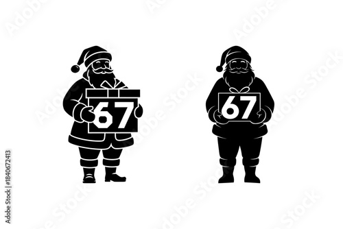 Santa Claus Holding Christmas Gift Box with Number 67 Monochromatic Icon Design. 67 Santa Claus Silhouette.  Christmas Funny Six Seven Meme Xmas Santa Viral Humor.