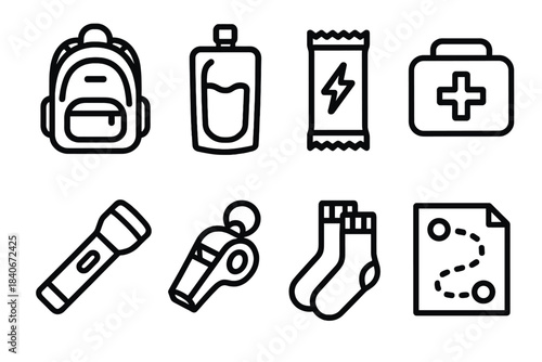 Essential Survival Gear. Grab-and-Go Bag Items linear set: compact backpack, water pouch, energy bar, first-aid kit, flashlight, whistle, spare socks, route card.