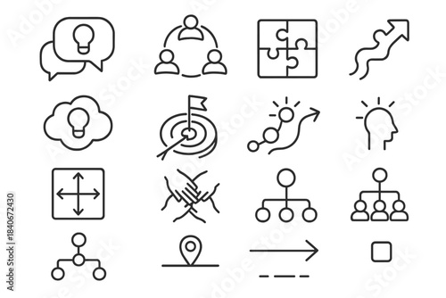 Teamwork Icons Collection. Collective Problem-Solving linear set: idea exchange bubble, teamwork circle, puzzle piece fit, shared goal icon, brainstorming cloud, solution path