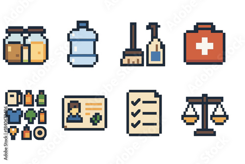 Essential Resource Icons. Essential Resource Allocation pixel style set: pantry jars, water container, cleaning tools, medicine box, household necessities grid, task assignment