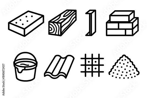 Construction Material Icons. Structural material icons linear set: concrete slab, timber beam, metal stud, brick stack, plaster bucket, roofing tile, rebar grid, construction