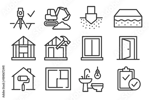 Building Process Icons. Build Process Elements linear set: site marking, soil work, base footing, concrete slab, framing layout, roof build, window opening, door fitment, exterior