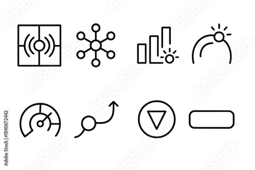 Impact Structures Icons. Disruption impact structures linear set: shockwave tile, disruption node, cascade bar, impact arc, resilience gauge, recovery path line, stability marker,