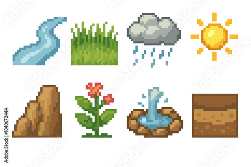 Natural Icons Collection. Natural environment elements set of icons in flat pixel vector style: river flow, meadow grass, rain cloud, bright sunbeam, rocky cliff, blooming plant,