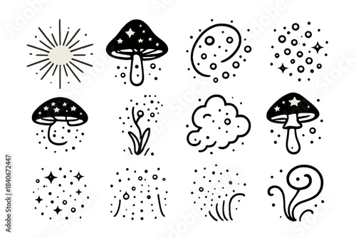 Mystical Spore Icons. Arcane Spore Forms linear set: radiant spore sphere, mystic mushroom top, floating spore loop, bioluminescent dust, enchanted cap ring, glowing thread sprout,